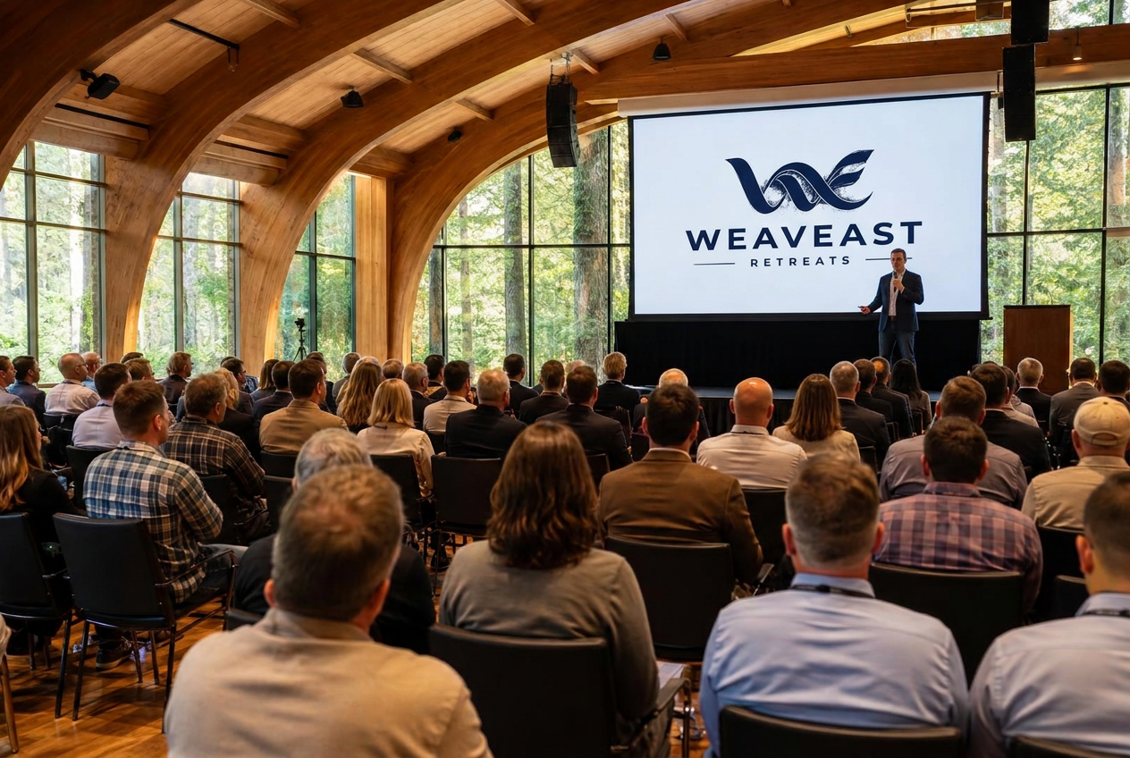 מרצה מציג את WeaveEast על מסך מול קהל באולם כנסים